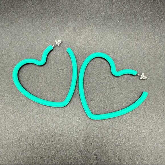 Large Teal Green Heart Hoop Earrings - Pierced - Picture 2 of 10